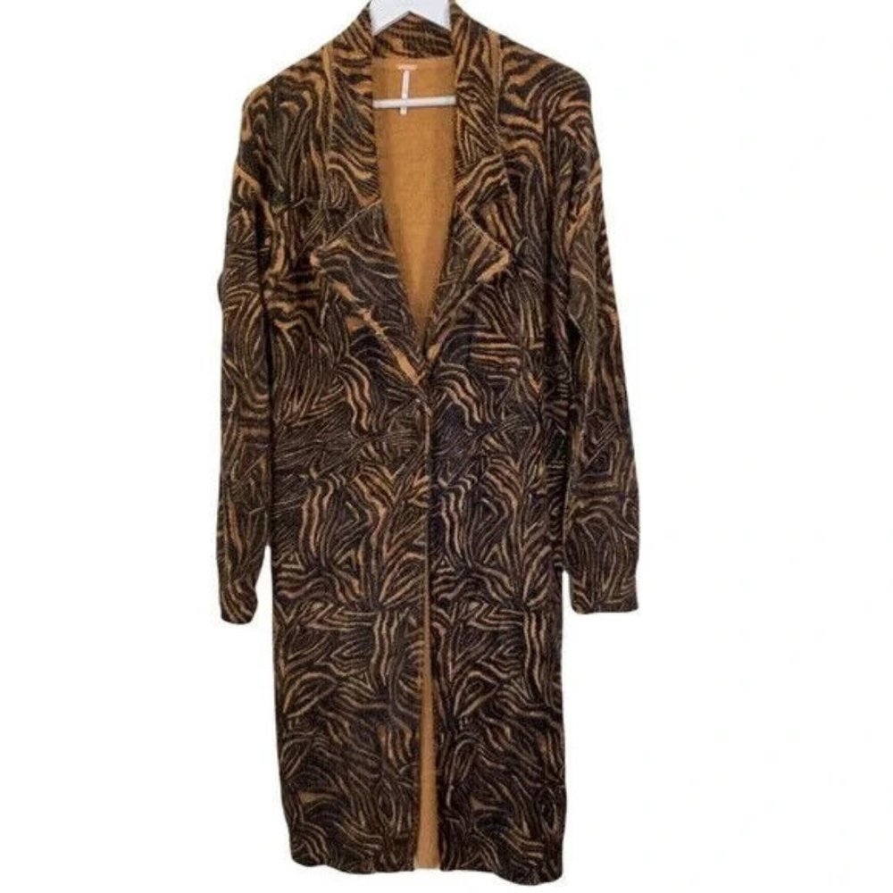 Free People Brown Multi Fuzzy Animal Print Duster Cardigan Size Medium (M) NWOT